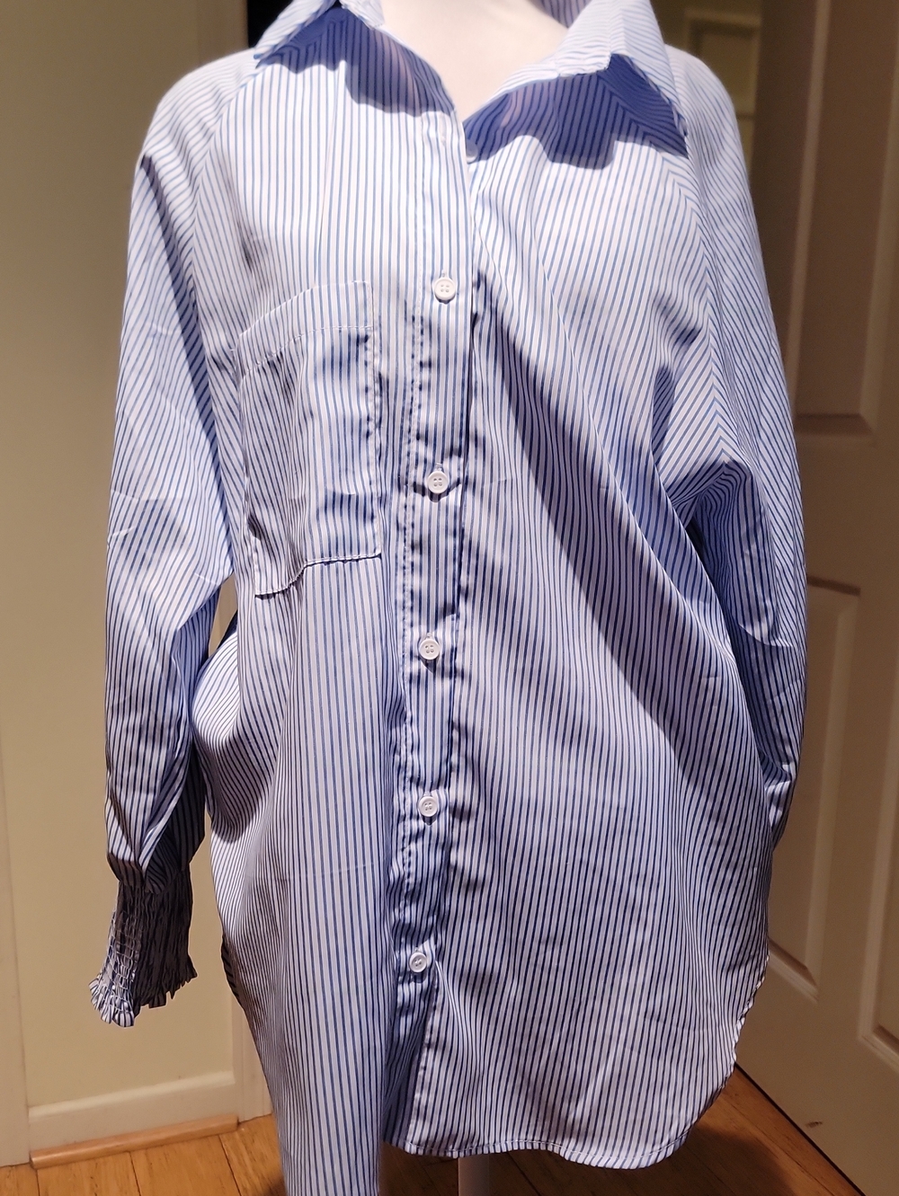 Woman's Tunic Light Blue Pinstripe Button-Up Shirt